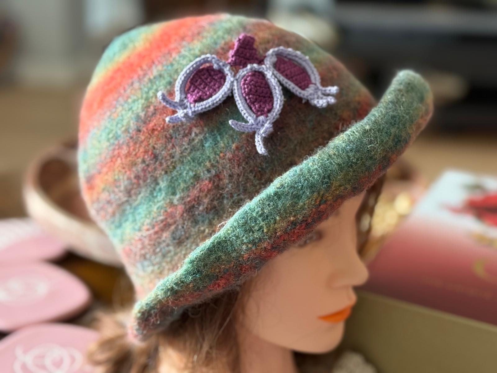 Handmade felted hat with oya embellishment